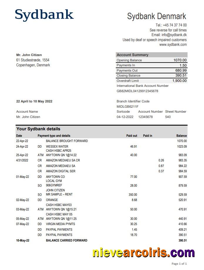 Denmark Sydbank Statement Xls Preview