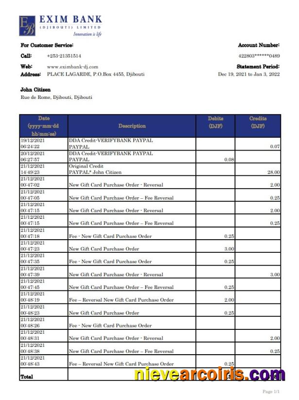 Djibouti Exim Bank Statement Template