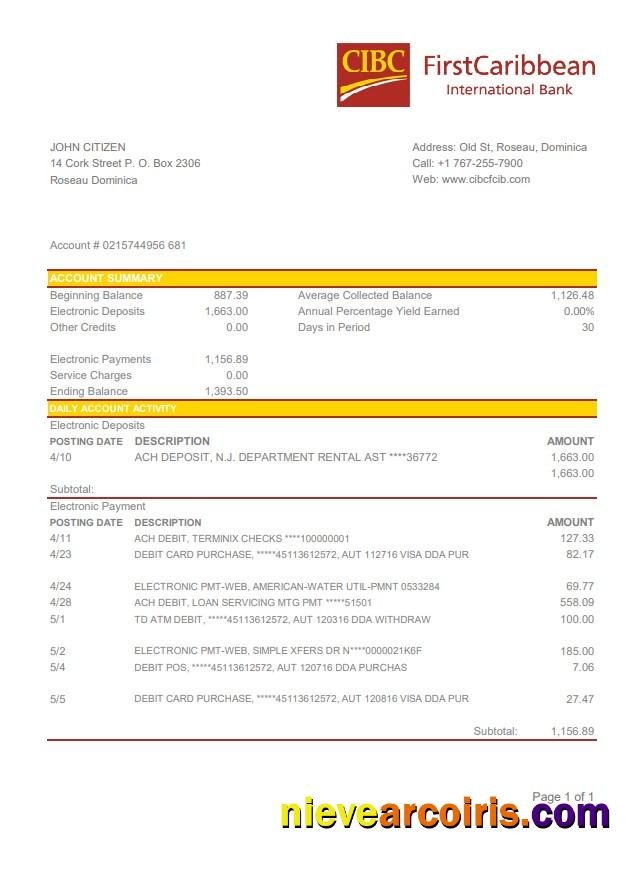 Editable Dominica CIBC First Caribbean International Bank Statement Easy To Fill Template In .xls And .pdf File Format