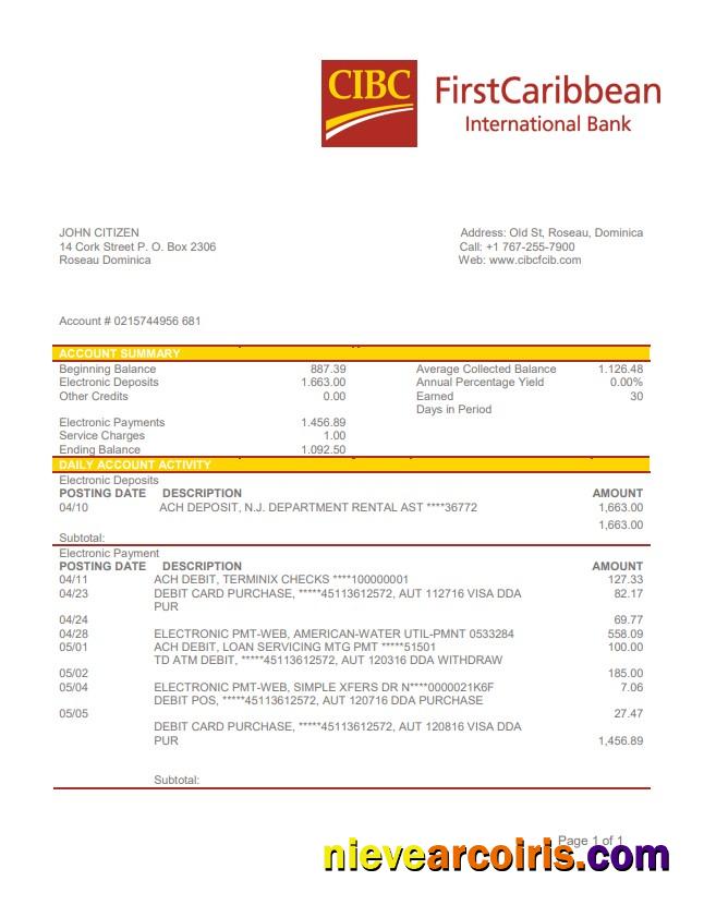 Dominica CIBC First Caribbean International Bank Statement Preview