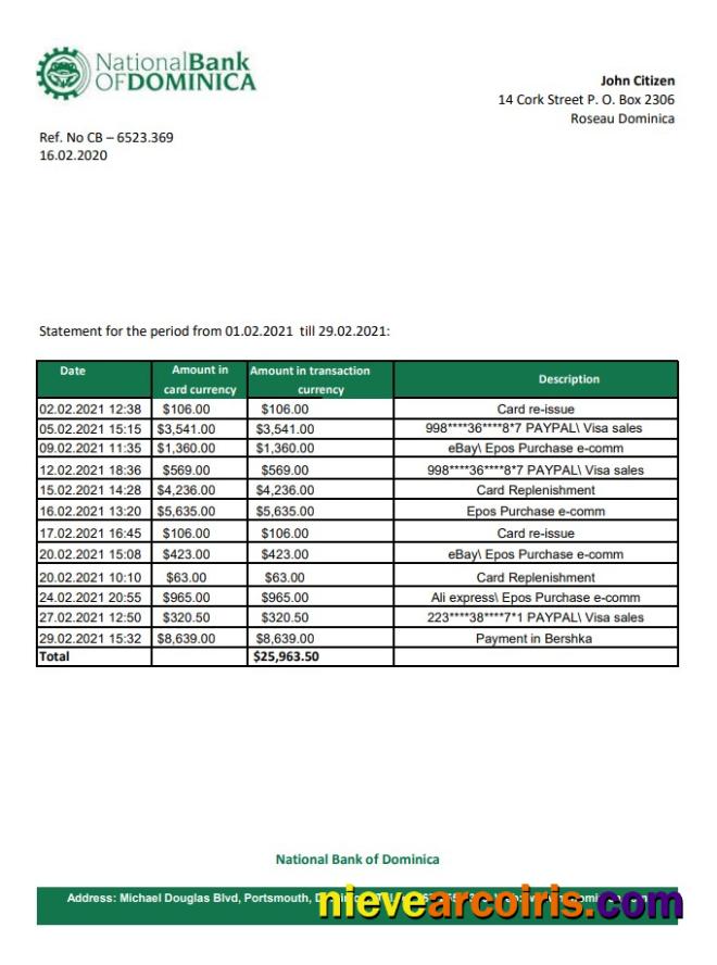 Realistic Dominica National Bank Of Dominica Bank Statement Easy To Fill Template In Excel And PDF Format