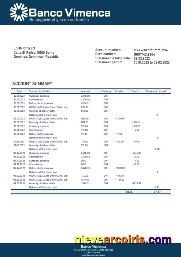 Realistic Dominican Republic Banco Vimenca Bank Statement Template, Word And PDF Format