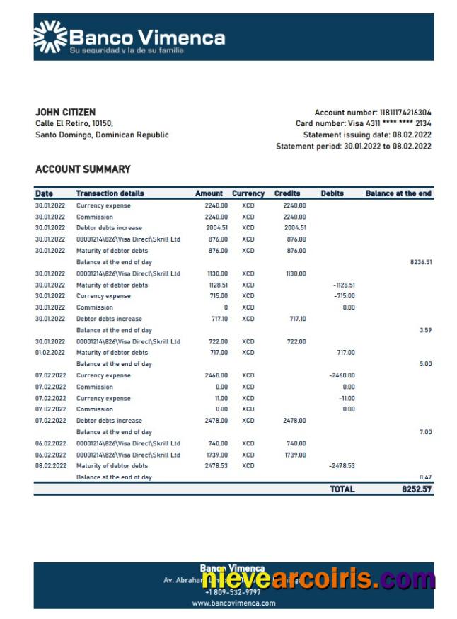 Dominican Republic Banco Vimenca Bank Statement Sample