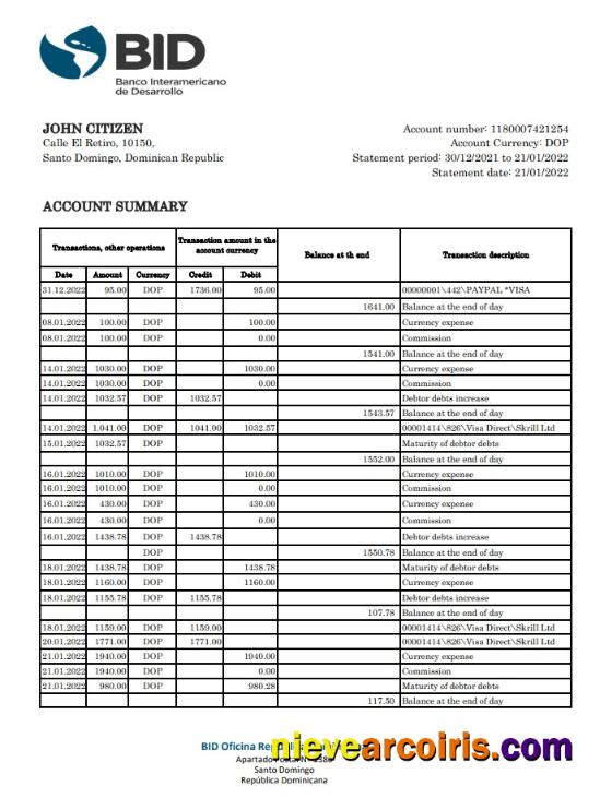 Dominican Republic Bid Bank Statement Xls Sample