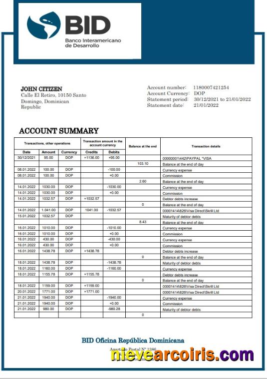Dominican Republic Bid Bank Statement Template