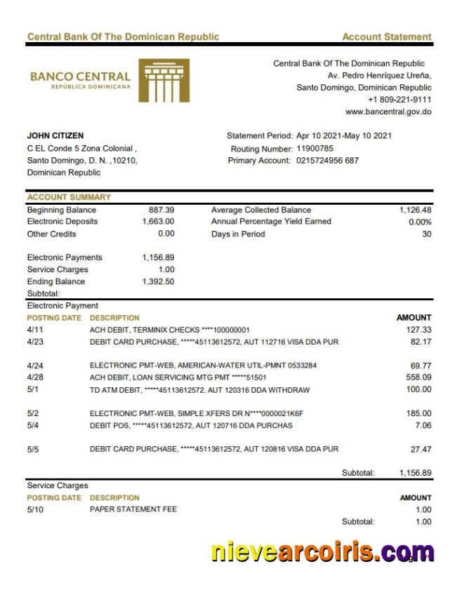 Realistic Dominican Republic Central Bank Of The Dominican Republic Bank Statement Template In Excel And PDF Format