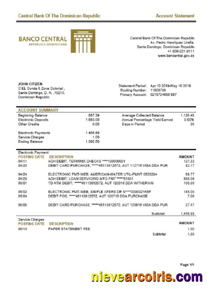 Dominican Republic Central Bank Of The Dominican Republic Bank Statement Te Sample