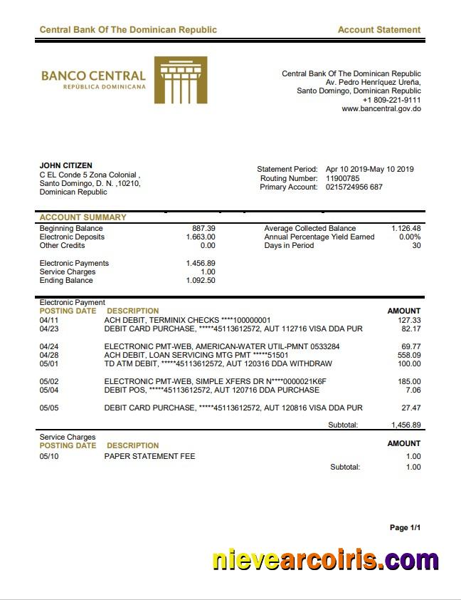 Dominican Republic Central Bank Of The Dominican Republic Bank Statement Preview
