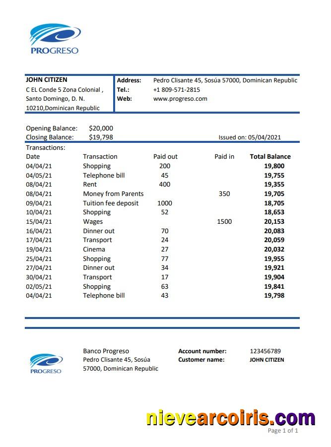 Editable Dominican Republic Progreso Bank Statement Template, Excel And PDF Format (.xls And .pdf)