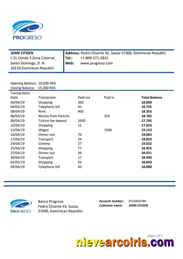 Dominican Republic Progreso Bank Statement Sample