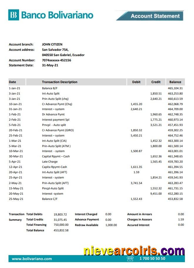 Editable Ecuador Banco Bolivariano Bank Statement Easy To Fill Template In .xls And .pdf File Format