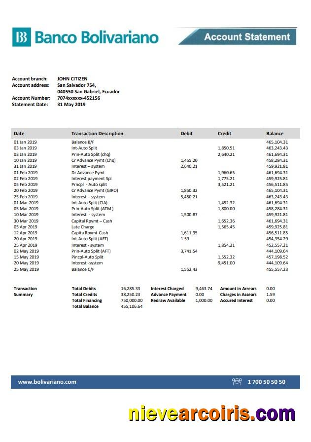 Ecuador Banco Bolivariano Bank Statement Template