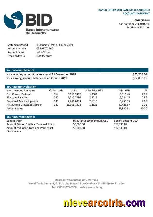 Ecuador Banco Interamericano De Desarrollo (BID) Bank Statement Template