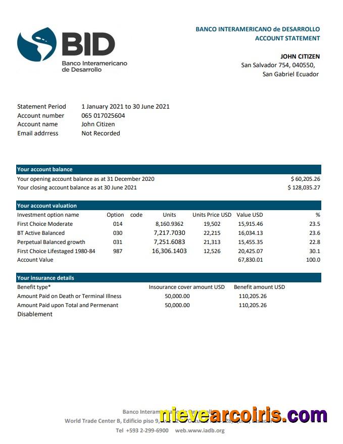 Editable Ecuador Banco Interamericano De Desarrollo BID Bank Statement Easy To Fill Template In .xls And .pdf File Format