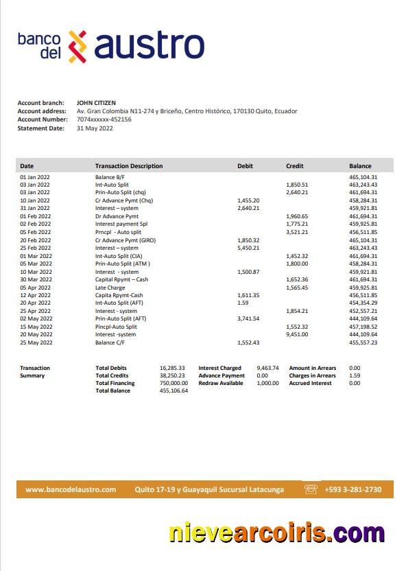 Realistic Ecuador Banco Del Austro Bank Statement Template, Word And PDF Format