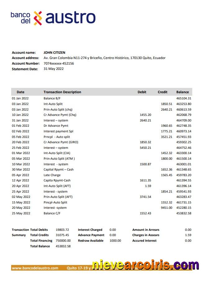 Ecuador Banco Del Austro Bank Statement Template