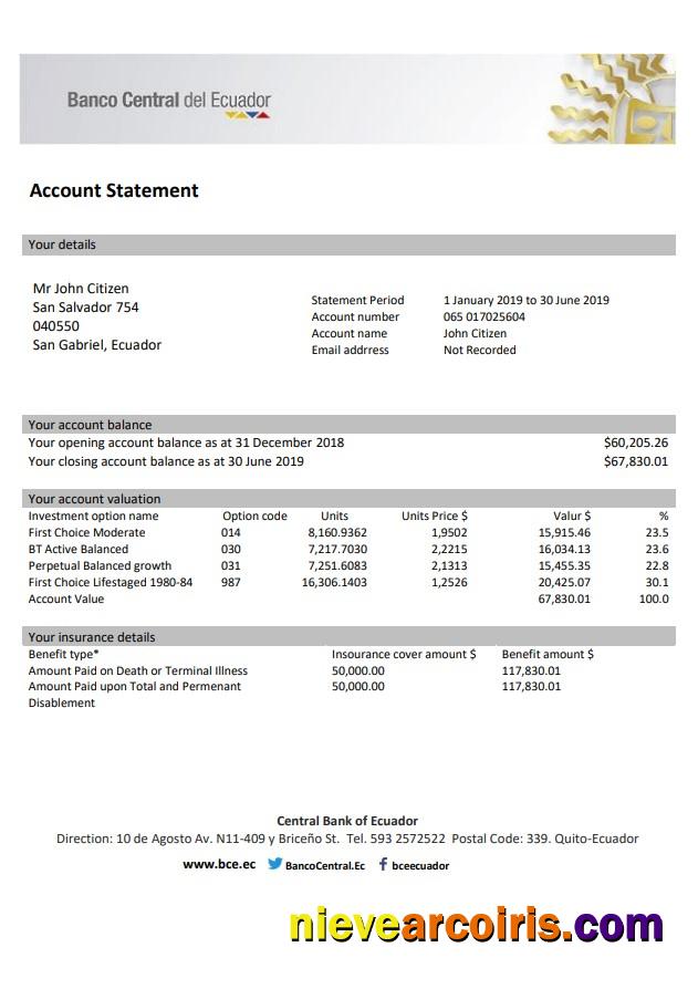 Ecuador Central Bank Of Ecuador Bank Statement Sample