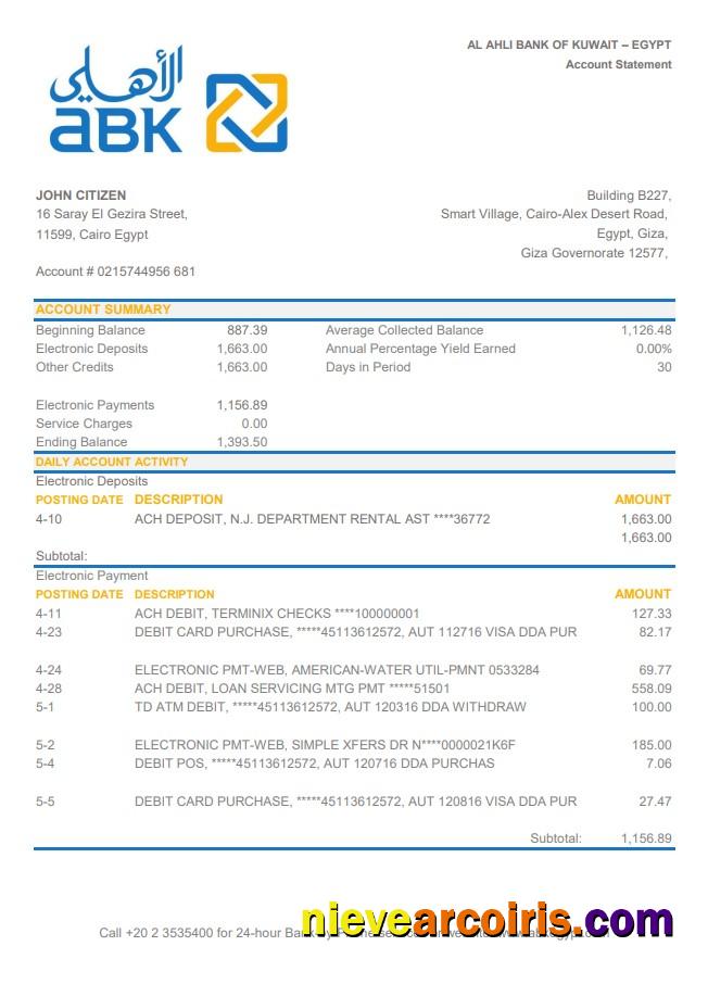Egypt Al Ahli Bank Of Kuwait Excel Sample