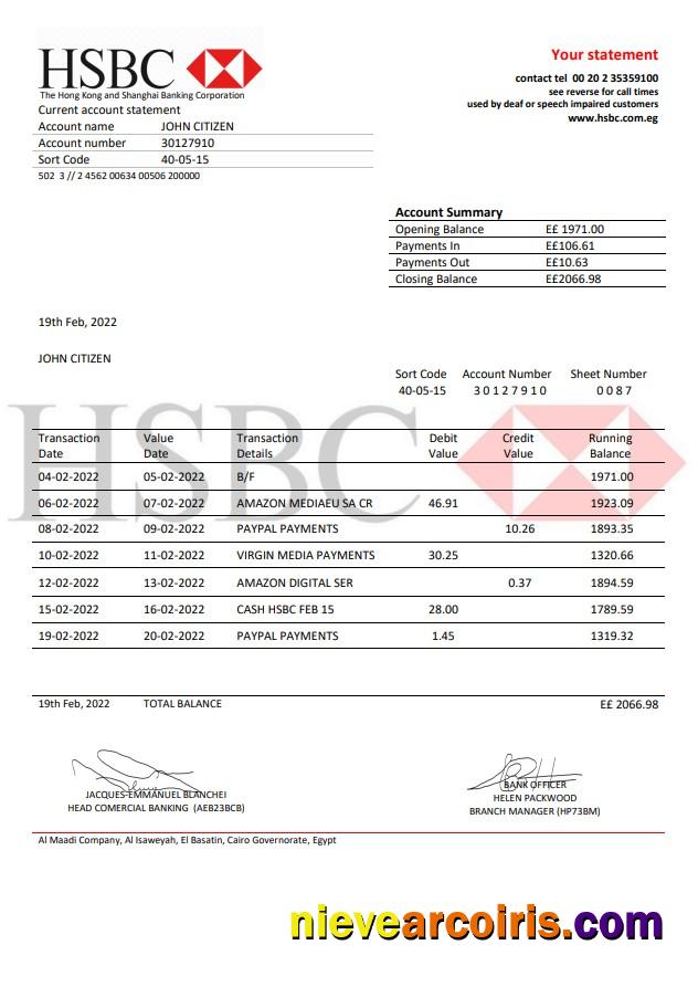 Egypt HSBC Bank Proof Of Address Statement Template