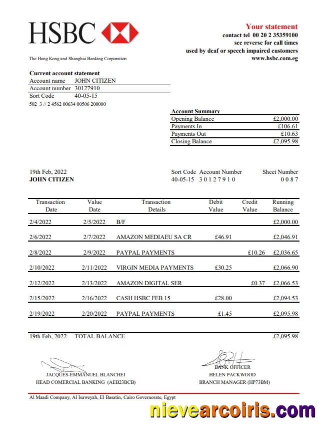 Egypt HSBC Bank Statement Template