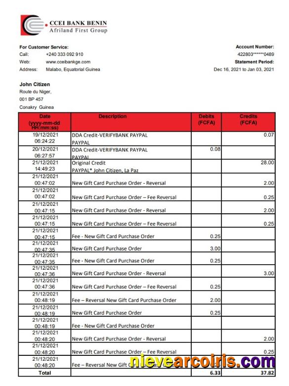 Realistic Equatorial Guinea CCEI Bank Benin Bank Statement Easy To Fill Template In .xls And .pdf File Format