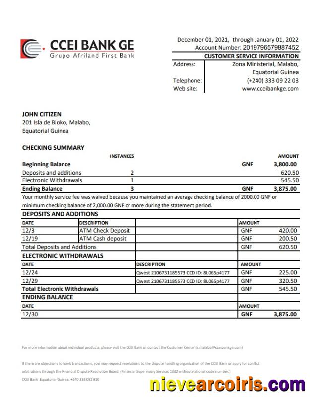 Editable Equatorial Guinea CCEI Bank Statement Excel And PDF Template