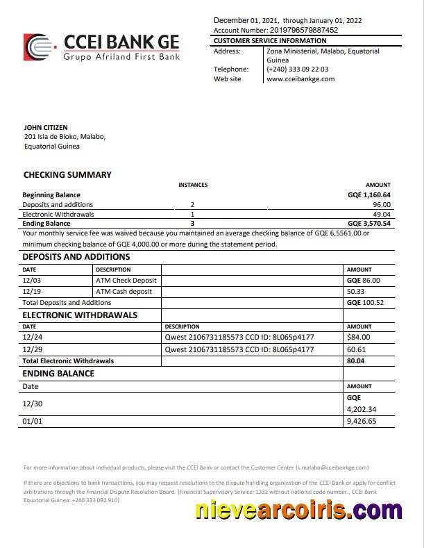 Realistic Equatorial Guinea CCEI Bank Statement Template, Word And PDF Format