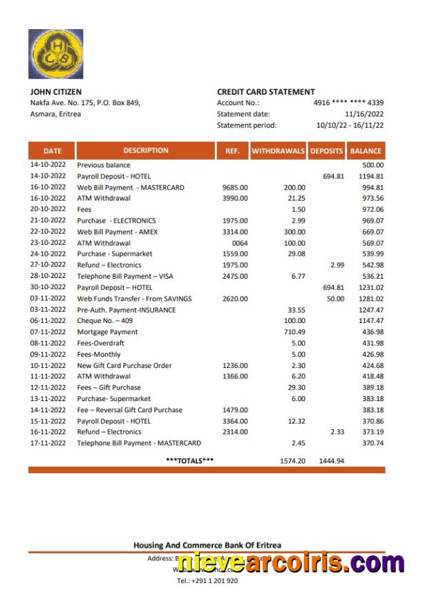 Eritrea Housing And Commerce Bank Statement Template
