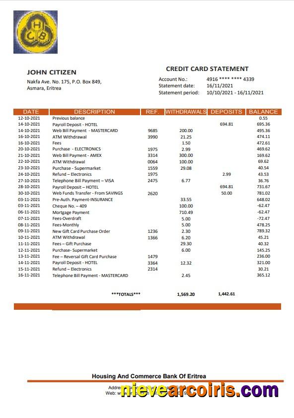 Premium Eritrea Housing And Commerce Bank Statement Template, Word And PDF Format