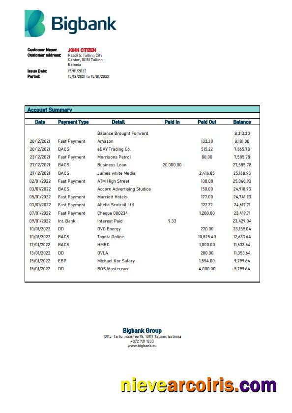 Realistic Estonia Bigbank Bank Statement Template, Word And PDF Format
