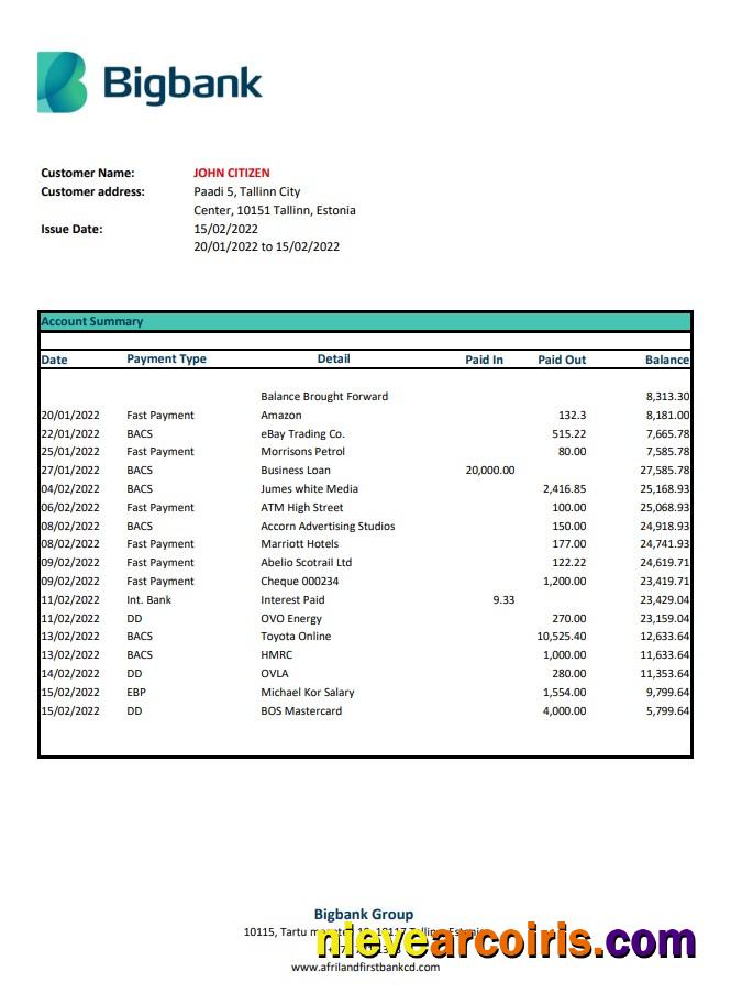 Estonia Bigbank Bank Statement Photolook