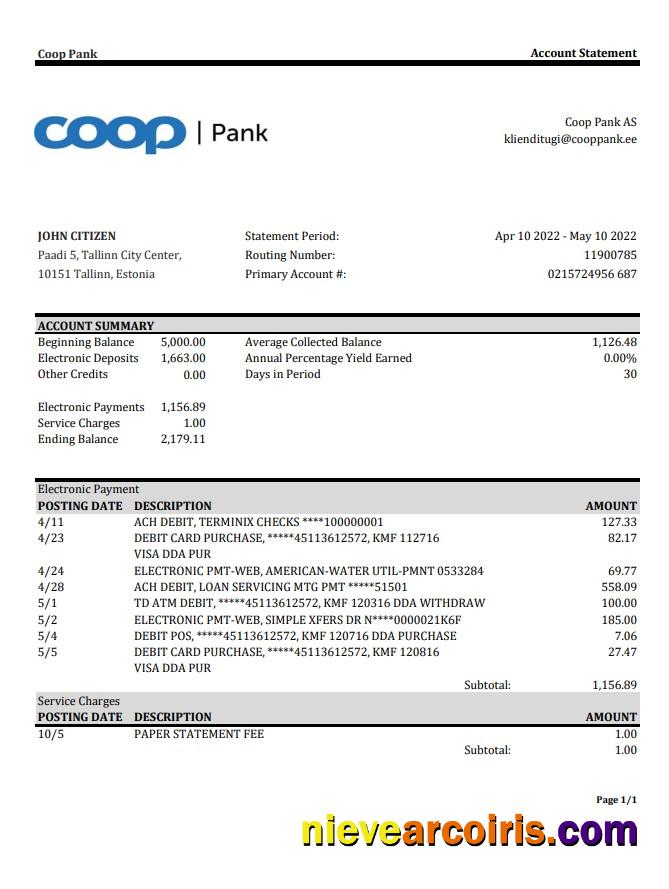 Estonia Coop Pank Bank Statement Preview