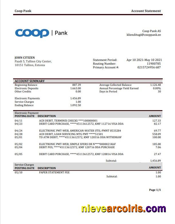 Professional Estonia Coop Pank Proof Of Address Bank Statement Template In Word And PDF Format