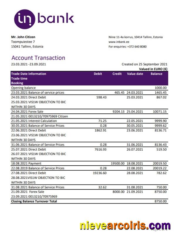 Professional Estonia Inbank Bank Statement Easy To Fill Template In Excel And PDF Format