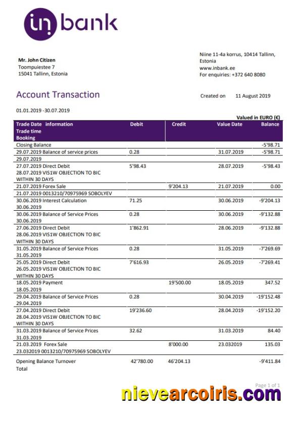 Estonia Inbank Bank Statement Preview