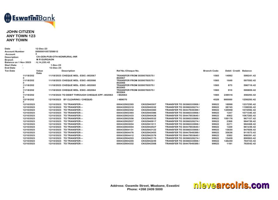 Editable Eswatini Swazibank Limited Bank Statement Word And PDF Template Scr