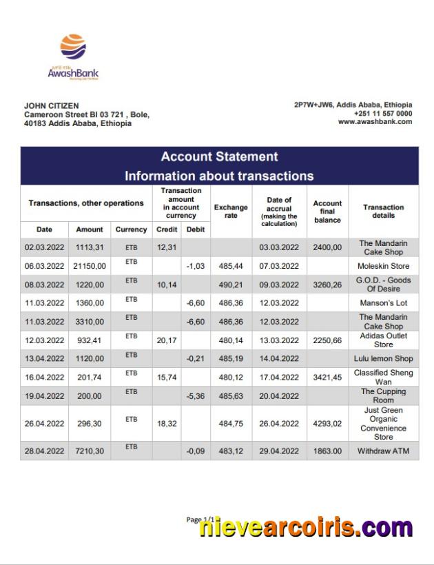 Ethiopia Awash Bank Statement Sample
