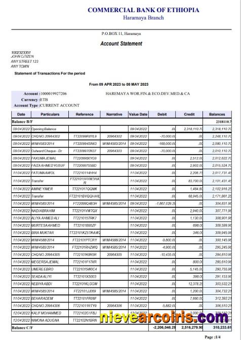 Editable Ethiopia Commercial Bank Of Ethopia Bank Statement Template, Word And PDF Format, 4 Pages