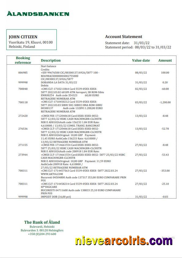 Realistic Finland Aland Bank Statement Template, Word And PDF Format