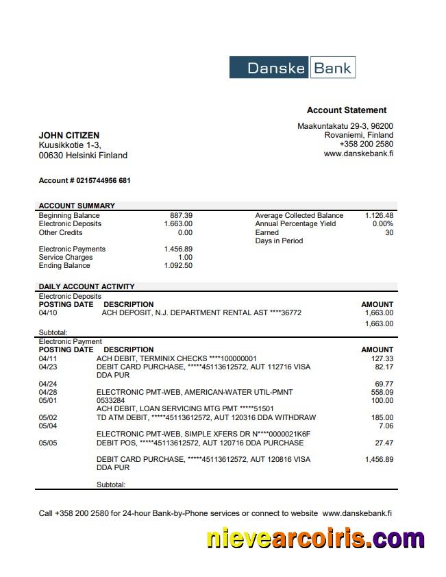 Finland Danske Bank Statement Sample