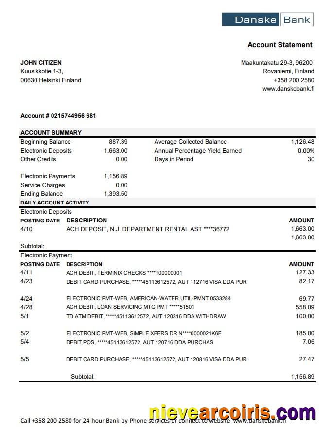 Premium Finland Danske Bank Statement Easy To Fill Template In .xls And .pdf File Format