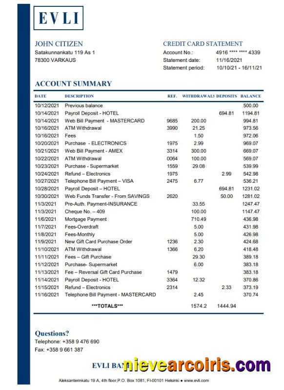 Premium Finland Evli Bank PLC Bank Statement Easy To Fill Template In Excel And PDF Format