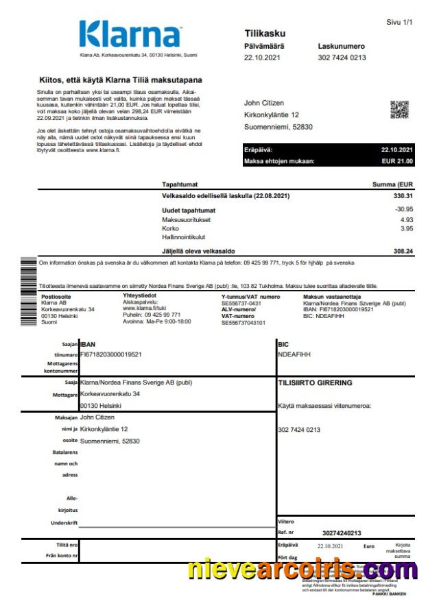 Finland Klarna Bank Excel Pdf Sample