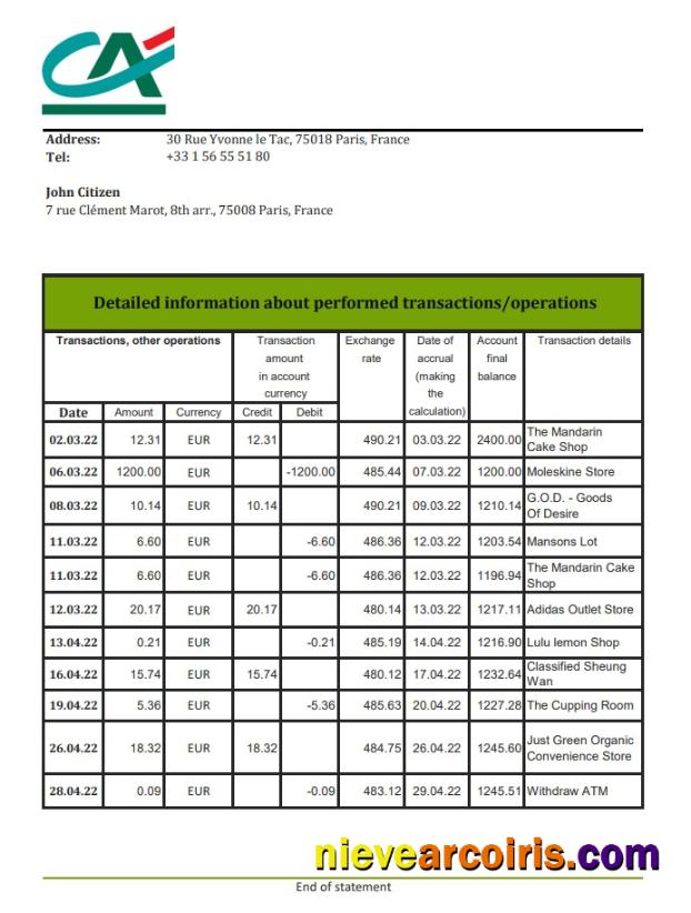 France Credite Agricole Bank Statement Xls Photolook