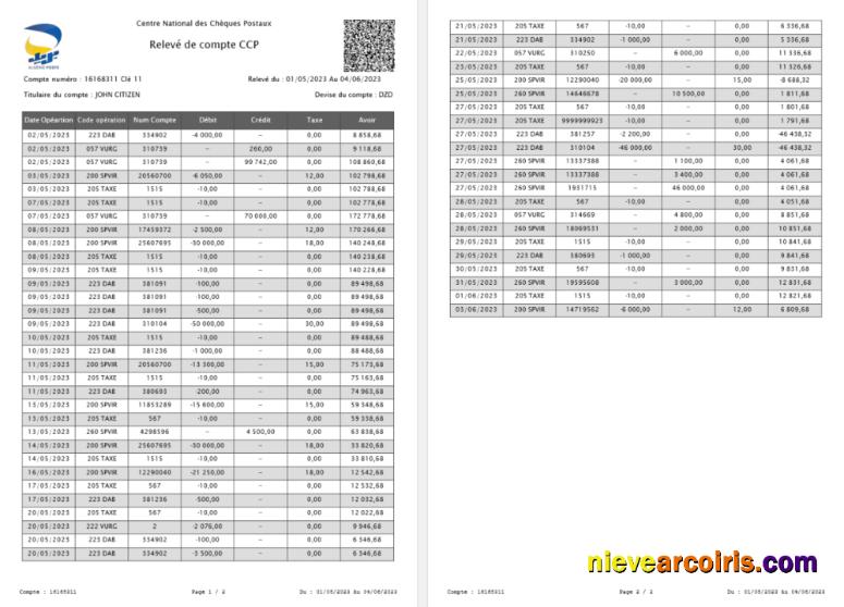 Editable France France National Center For Postal Checks CCP Account Statement Word And PDF Template