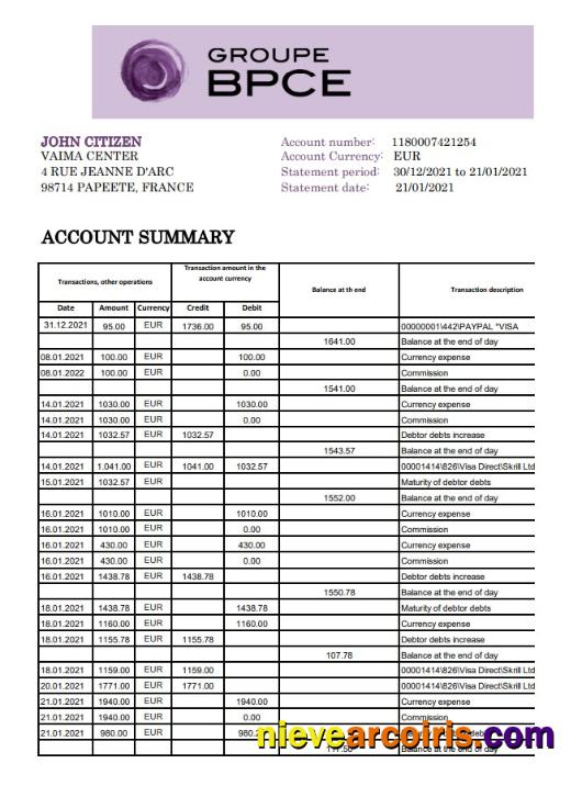 Realistic France Groupe BPCE Bank Statement Easy To Fill Template In Excel And PDF Format