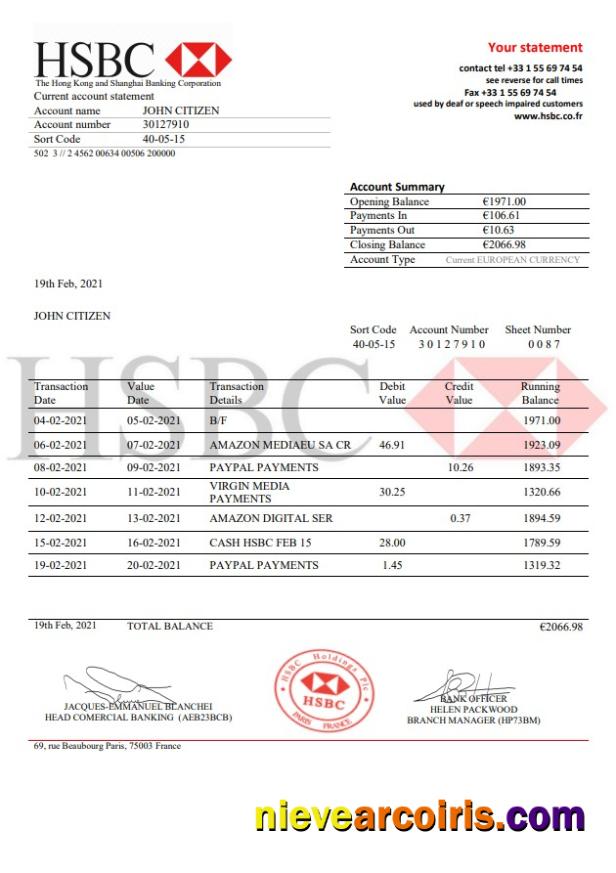 Editable France HSBC Bank Statement Template In .doc And .pdf Format