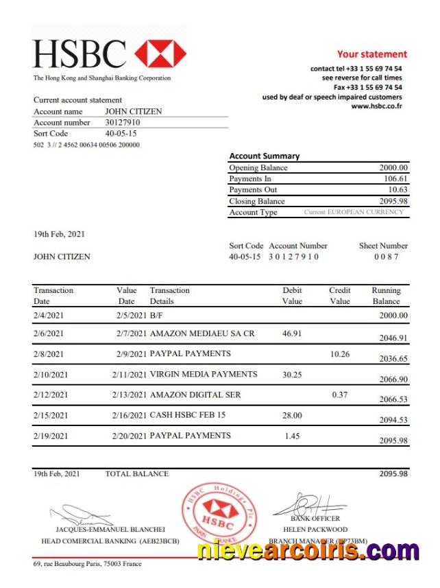 Professional France HSBC Bank Statement Template In .xls And .pdf File Format