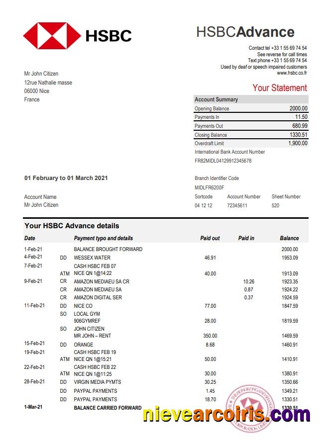 Editable France HSBC Bank Statement Template In Excel And PDF Format