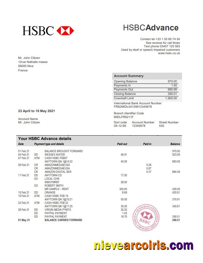 Realistic France HSBC Bank Statement Template In Word And PDF Format